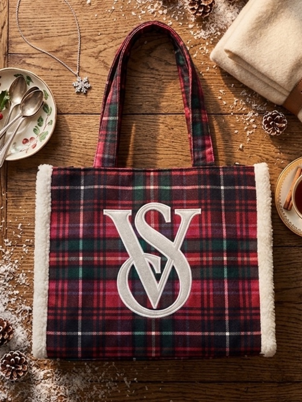 Victoria's Secret Plaid Logo Tote Bag Shoulder Purse Shearling Trim